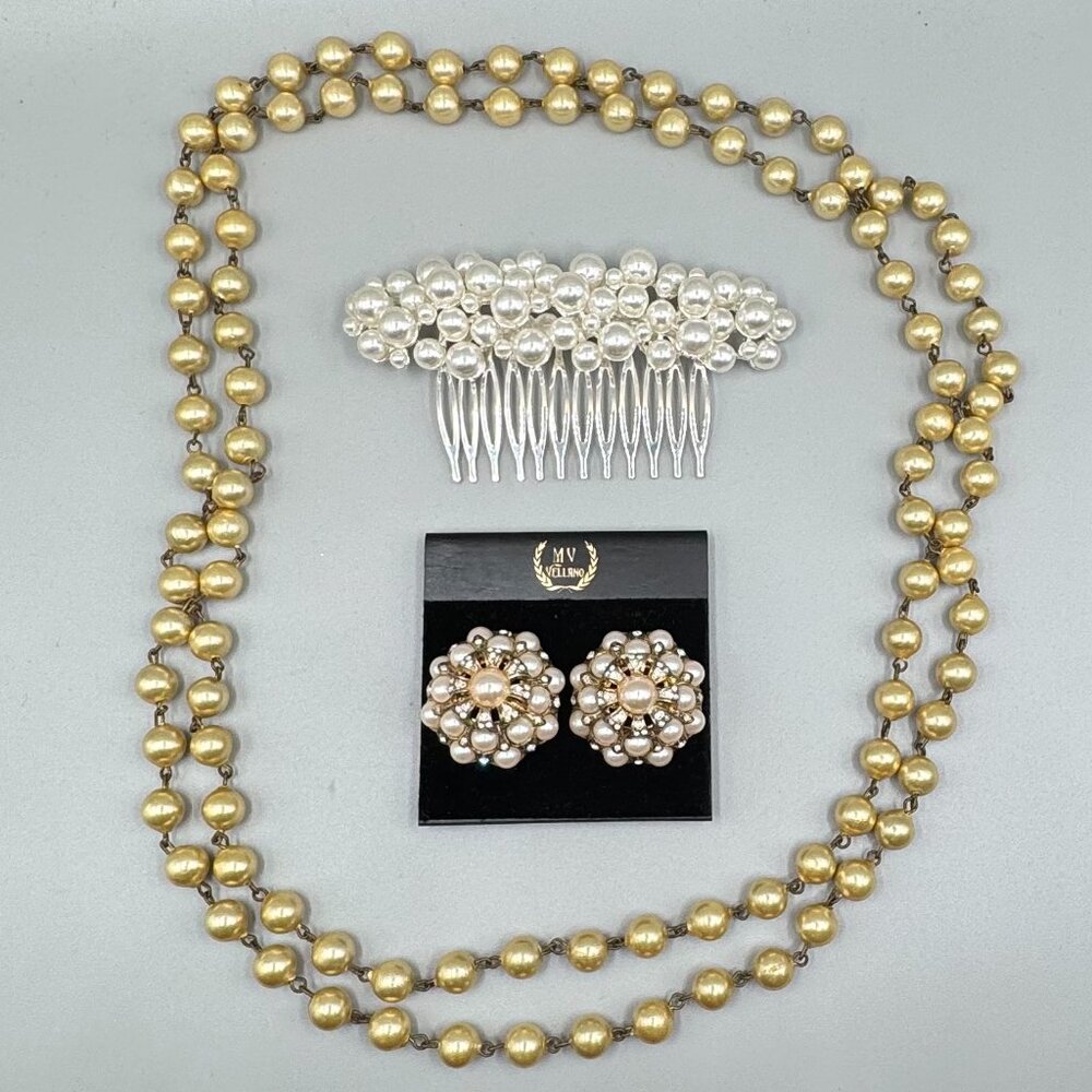 VintageFaux Pearl Lot, Pearl Studded Hair Comb, Necklace, M Vellano Earrings NWT